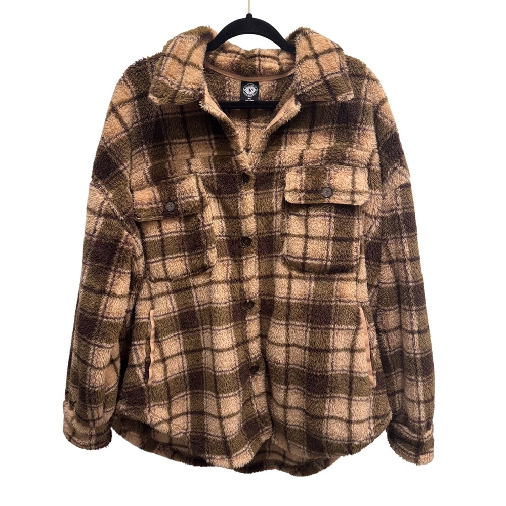 PacSun Homecoming Plaid Button Down Sherpa Shacket Jacket Oversized Size M-L - Picture 3 of 10